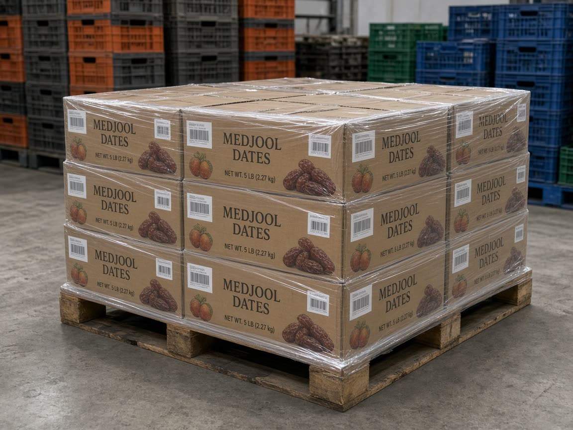 Workers packing Medjool dates into labelled 10 kg cartons at Arava Hold